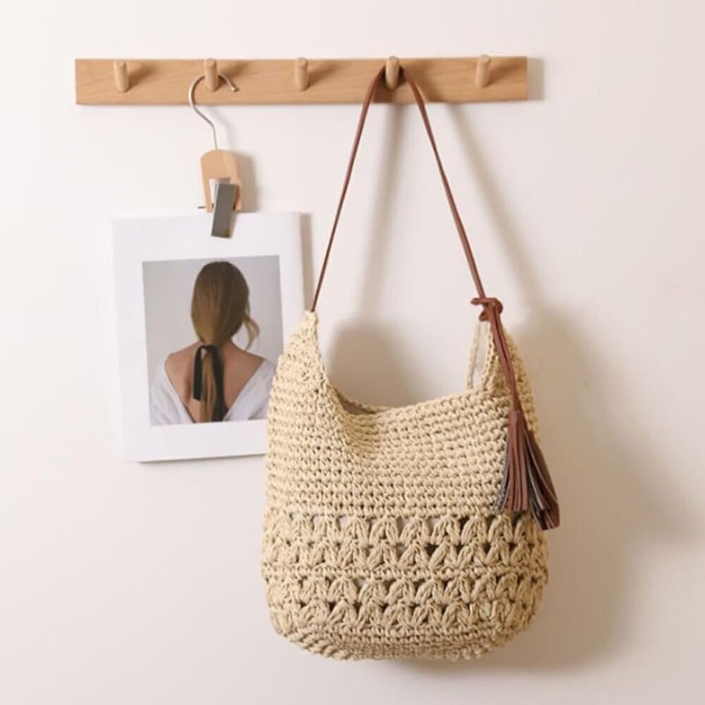 Women's Straw Woven Tote Bag Handmade Crochet Beach Vacation Shoulder Bag - Picture 6 of 8